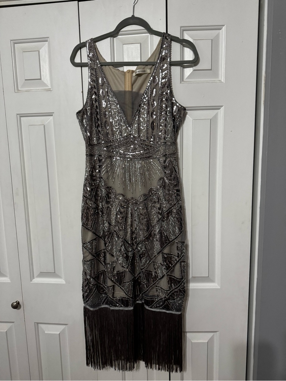 Beaded Silver Fringe V-Neck Midi Dress